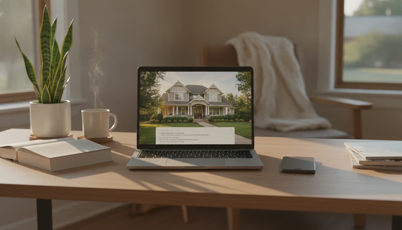 A laptop and phone on a desk with a listing photo open, mid-way through writing the caption that will go under it