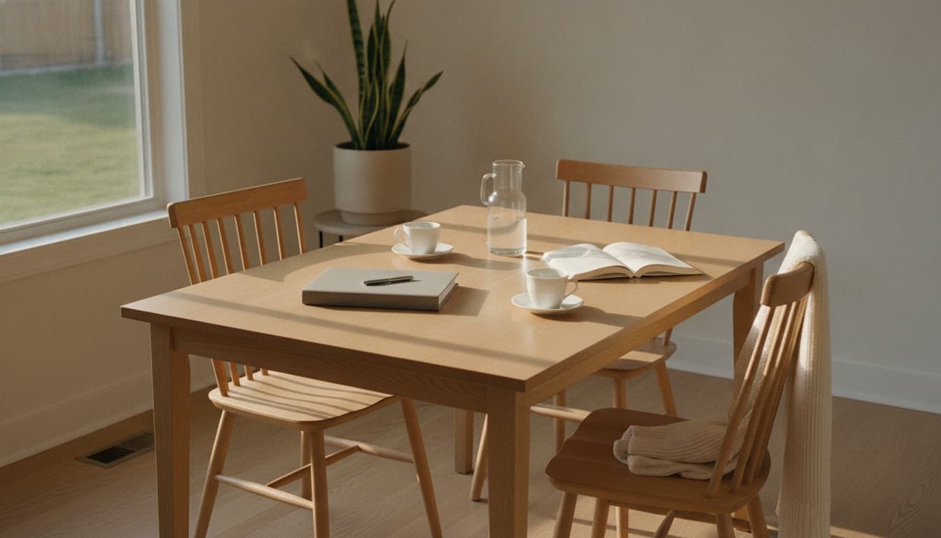 A kitchen table set for a listing appointment, a folder and two coffees waiting, the moment before a seller decides who to hire