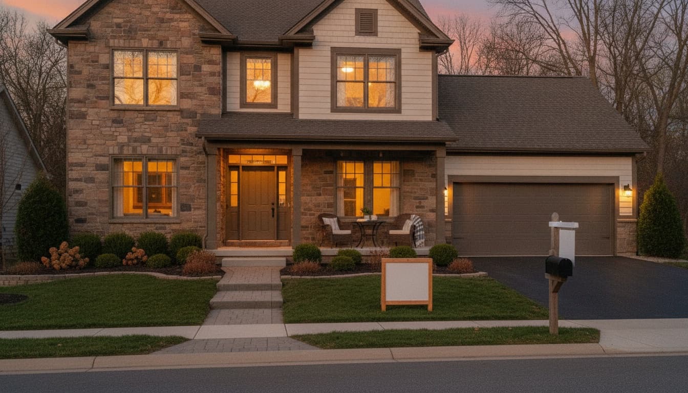 A modern single-family home at dusk with warm interior lights on, the kind of listing agents debate spending video budget on